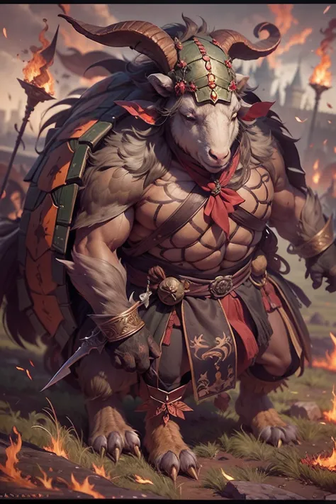 （anthropomorphic turtle），（Sheep warriors：1.4），coda，a tall body，Stout limbs，disdain，ran，tosen，The long hairs of the flame fluttered in the wind，combats，Dynamic lines，Dimly lit battlefield，Ruined castle，（stereoscopic perspective：1.4），Works of masters，super-f...