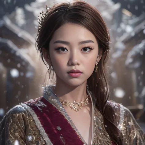 32K（tmasterpiece，k hd，hyper HD，16k）short detailed hair，Vintage train in the back room，Snow Circle Forbidden Land，The nostrils look at people （realisticlying：1.4），Python robe，Purple-pink tiara，Snowflakes fluttering，The background is pure， A high resolution，...