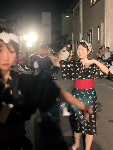 There are two women in costumes dancing in the street, still from live action movie, live action movie scene, in a japanese town at night, other women dancing behind, by Yasushi Sugiyama, by Katsukawa Shunei, live-action archival footage, by Aguri Uchida, ...