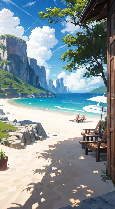 tmasterpiece，best qualtiy，（Very detailed CG unity 8K wallpaper）（best qualtiy），（Most Best Illustration），（Best shadow）Nature，Blue sea sands，and the sun was shining brightly，（The line of sight runs parallel to the beach：1.15），Many umbrellas，NOhumans