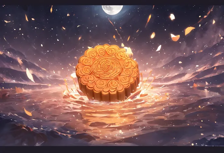 Mooncakes form the stage for performance，Scene of the river flowing，Bright moon，best qualtiy，3D modeling rendering，C4D style，wide wide shot，8K，