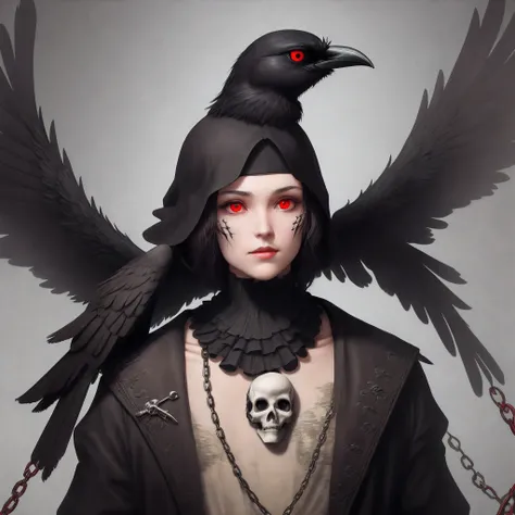 Create a black crow on top of a human skull with red eyes with a chain circle and with black wings with the name LMF