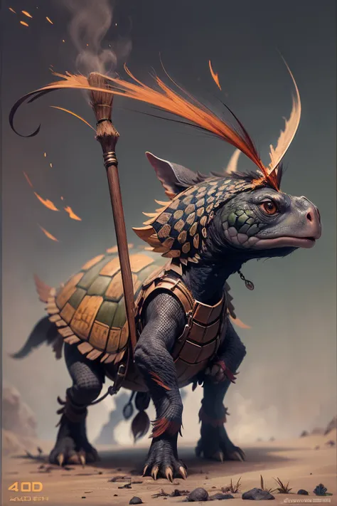 （anthropomorphic turtle），（Shepherd Warrior：1.4），coda，a tall body，Stout limbs，disdain，ran，tosen，The long hairs of the flame fluttered in the wind，combats，Dynamic lines，Dimly lit battlefield，Ruined castle，（stereoscopic perspective：1.4），Works of masters，super...