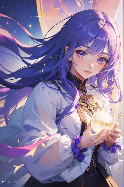 (masterpiece, best quality, beautiful detailed hair detailed face, perfect feminine face:1.4), smiling, a beautiful and cute girl with sparkling and glowing purple hair, (sparkle particle), lens flare, sharp focus, volumetric lighting, by sakimichan, georg...