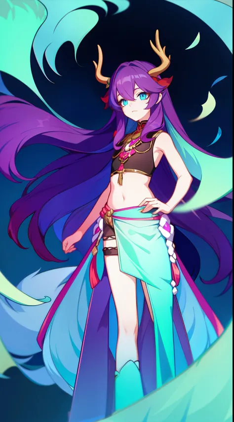 young girl, long purple hair, Cyan eyes, Deer antlers, confusion, Clothes made of leaves, Sleeveless, open belly, Masterpiece, hiquality