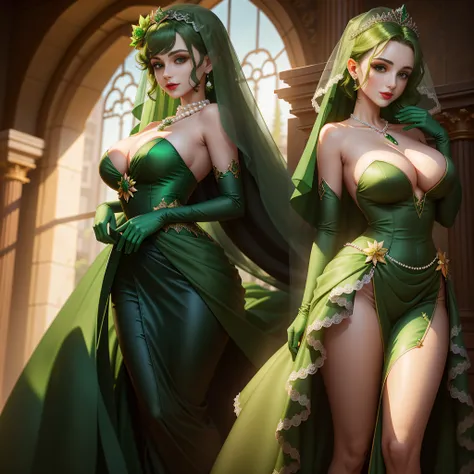 Two women in green dresses pose for photo, Green Dress Flower Cleanser，Sense of atmosphere, best qualtiy，tmasterpiece，1girll，30-years old，Green dress，Daytime Church，full body Esbian, Green gloves，With short green hair,emerald tiara，big breasts beautiful，lo...