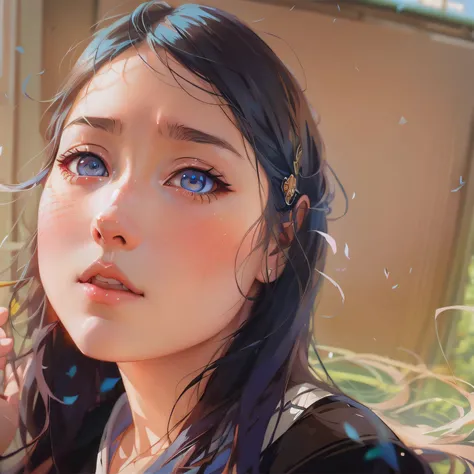 anime girl with blue eyes and long hair looking up, artwork in the style of guweiz, beautiful digital illustration, detailed digital anime art, beautiful anime portrait, beautiful digital artwork, realistic cute girl painting, digital anime illustration, k...