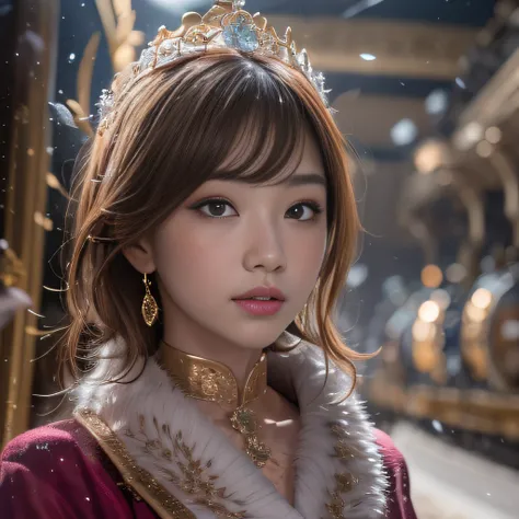 32K（tmasterpiece，k hd，hyper HD，16k）short detailed hair，Vintage train in the back room，Snow Circle Forbidden Land，The nostrils look at people （realisticlying：1.4），Python robe，Purple-pink tiara，Snowflakes fluttering，The background is pure， A high resolution，...