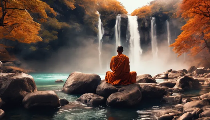 buddhist monks sitting with candles in front of a waterfall, meditating, natural scenery, music, slot, in the forest, exquisite scenery, ordination, hdr, 8k, facebook cover rate