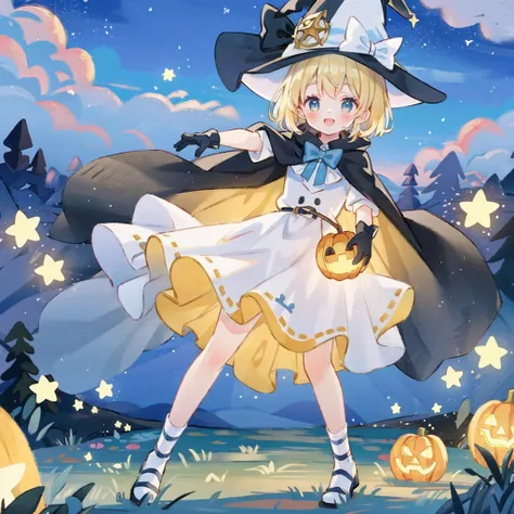 ((masterpiece:1.2, best quality)), 1girl, solo, (witch hat), a close up of a girl witch, colorful hair, dress, aurora night star (sky), gloves, white witch dress, starry sky, light blue eyes, smile, ribbon, cape, magic, casting spell, dark clouds, night, (...