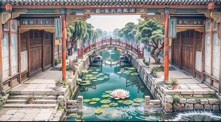 tmasterpiece，Best quality at best，Jiangnan Ancient Town, China，Ancient town life map，Antique rhyme，Blue tile white walls，small bridge flowing water，The ancient town of Jiangnans water town is like a water lily floating on the water, which is elegant and el...