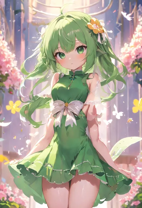 1Chica, elfa, cabello blanco, mostrando la frente, cabello corto, vestido verde posando desnuda, loli en vestido, en pixiv, Tendencias en ArtStation Pixiv, Cushart Krenz, Artgerm extremadamente detallado, con un traje de flores, adolescente, in Ultra-small...