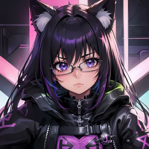 Cyberpunk menina roxo gamer, with glasseswith cat ears, olhos roxos brilhando, Cabelo medio preto Chanel com pontas roxa