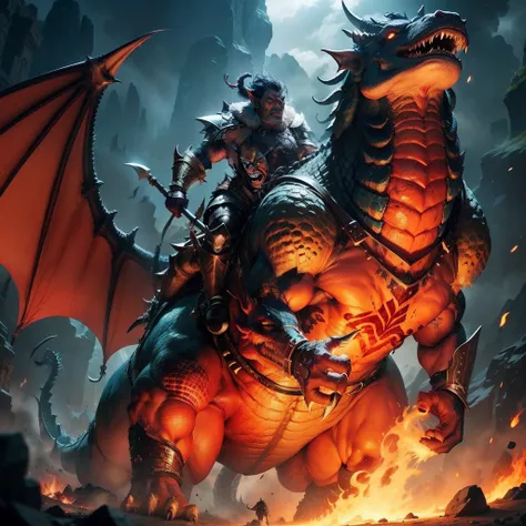 An orc warrior，Riding a huge dragon，breathingfire