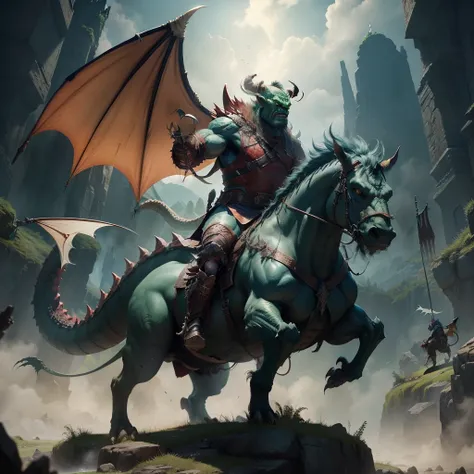 An orc warrior，Riding a huge dragon，breathingfire