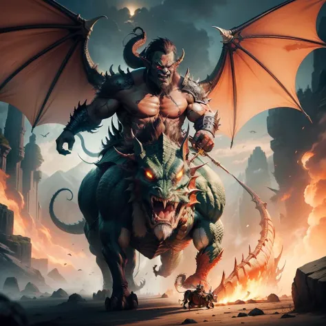 An orc warrior，Riding a huge dragon，breathingfire