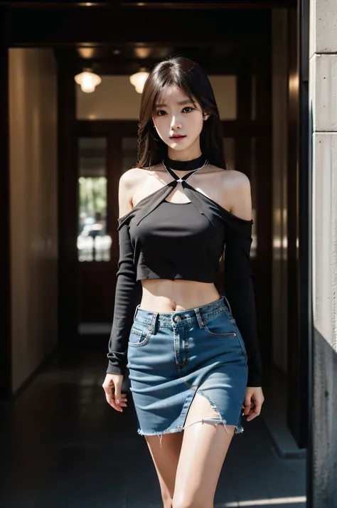 top-quality、超A high resolution、（8K， RAW photos， best qualtiy，（Well-defined abs：1.1），（perfect bodies：1.1），woman model，Larger bust,，neckwear，chain，Full body photo， Cropped crop top，Skinny denim skirt，（极其细致的CG 8k壁纸），（Extremely refined and beautiful），（tmasterp...