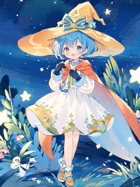 ((masterpiece:1.2, best quality)), 1girl, solo, (witch hat), a close up of a girl with short blue hair, short hair, dress, aurora, night, star (sky), gloves, sky, white dress, night sky, open mouth, starry sky, light blue eyes, ribbon, very shorthair, red ...