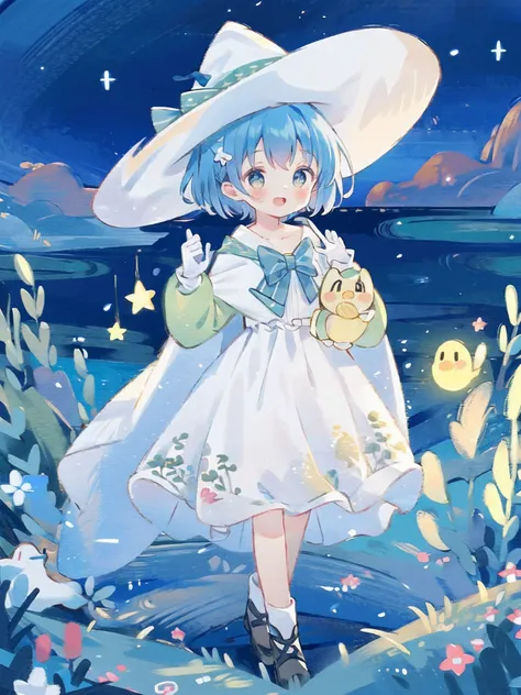 ((masterpiece:1.2, best quality)), 1girl, solo, (witch hat), a close up of a girl with short blue hair, short hair, dress, aurora, night, star (sky), gloves, sky, white dress, night sky, open mouth, starry sky, light blue eyes, ribbon, very shorthair, red ...