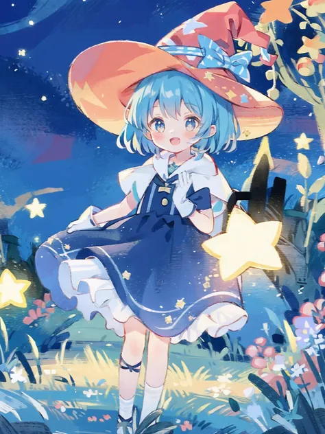 ((masterpiece:1.2, best quality)), 1girl, solo, (witch hat), a close up of a girl with curl hair, short hair, dress, aurora, night, star (sky), gloves, sky, dress, night sky, open mouth, starry sky, light blue eyes, ribbons, smile, cape, blue hair, magic, ...