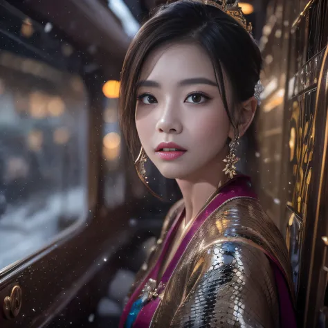 32K（tmasterpiece，k hd，hyper HD，16k）short detailed hair，Vintage train in the back room，Snow Circle Forbidden Land，The nostrils look at people （realisticlying：1.4），Python robe，Purple-pink tiara，Snowflakes fluttering，The background is pure， A high resolution，...