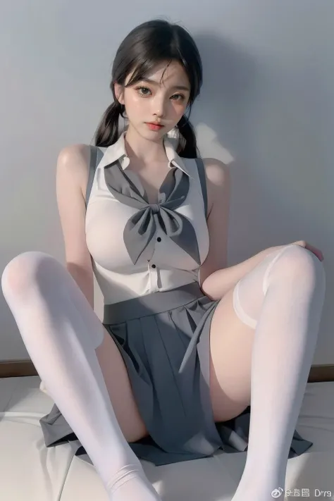 Alafeld asian woman sitting on bed in short skirt and white shirt, smooth white tight clothes suit, sakimichan, Surrealism female students, japanese girl school uniform, Surrealism female students, thighhighs and skirt, Magical school student uniform, Full...