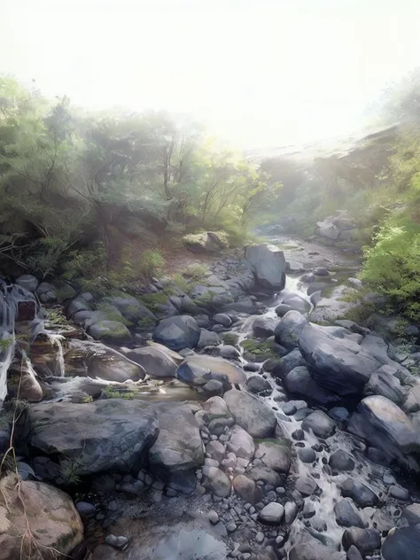 there is a stream running through a rocky area with trees, small stream, small creek, small river on the ground, river flowing beside the robot, river with low hanging plants, streams and rocks, next to a small river, small water stream, water stream, smal...