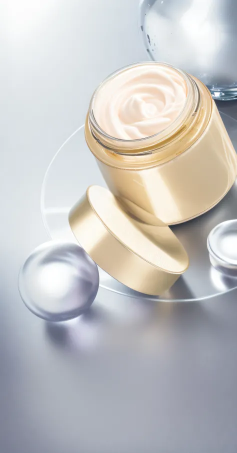 A close-up of a jar of cream sits on the table, hyper realisitc, photorealistic illustration, high quality topical render, Ultra photo realsisim, Hyper-realistic, hyper - realistic, exquisitedetails, hyper - realistic render, hyper realistic rendering, Clo...