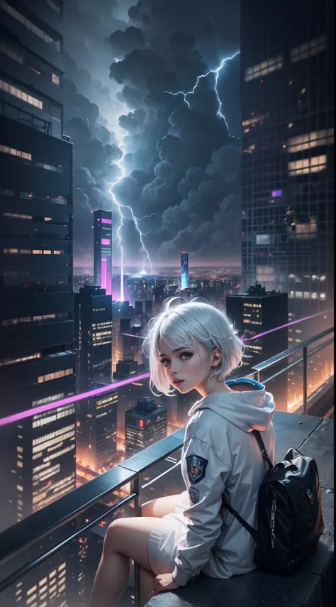 1 girl sitting top of the building, watching the view, cyberpunk, long dress plus hoodie style, white hair, short hair, best view, cyber city, lightning, night, futuristic, masterpiece, best quility, hoodie top, flying car, Police cyber around,