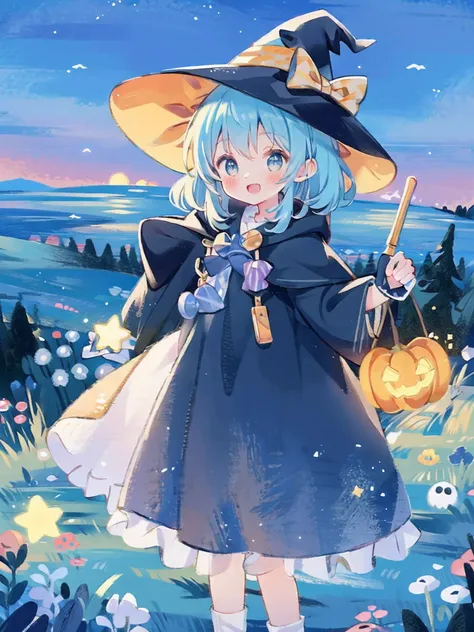 ((masterpiece:1.2, best quality)), 1girl, solo, (witch hat), a close up of a girl with curly hair, dress, aurora, night, star (sky), gloves, sky, dress, night sky, open mouth, starry sky, light blue eyes, ribbons, smile, cape, blue hair, magic, casting spe...