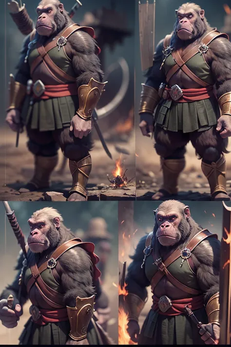 （anthropomorphic turtle），（Ape warrior：1.4），coda，a tall body，Stout limbs，disdain，ran，tosen，The long hairs of the flame fluttered in the wind，combats，Dynamic lines，Dimly lit battlefield，Ruined castle，（stereoscopic perspective：1.4），Works of masters，super-fine...