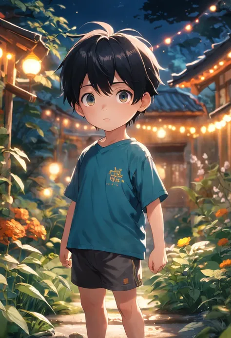 A 6-year-old  boy with black hair standing in the garden, high high quality, Clear focus (mess - house: 0.8), (tmasterpiece: 1.2) (realisticlying: 1.2) (Bokeh) (best qualityer) (Detailed skins: 1.3) (intricately details) (8K) (eye detailed) (foco nítido), ...