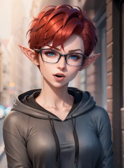 (((headshot))) (((Masterpiece))), best quality, ultra-detailed CG unity 8k wallpaper (1girl:1.3) ((androgynous female)) ((short red pixie cut hair)), ((blue eyes)), ((black glasses)) ((elf ears)) (soft smile) (red hoodie) (((open mouth))) (((talking)))