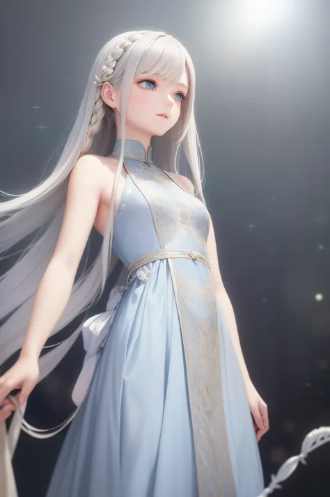 The ultimate masterpiece，Perfect image quality，Gray hair pure blue，Golden eyes twinkle，White clothes flowing，Looking Up The Sky，Upper body or whole body display，Hair flutters like a waterfall，Skin as fair as snow，The side braid swings gracefully。