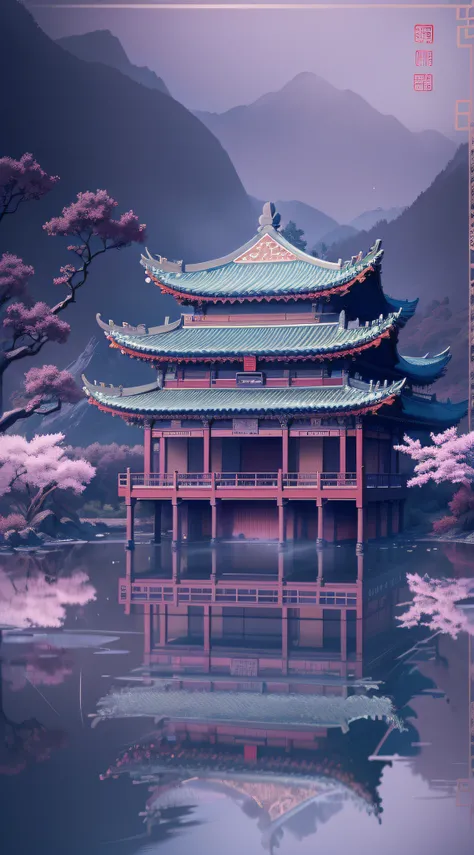 ((with the huge moon in the background))，((There is 1 ancient Chinese building in the middle of the lake))，There are lotus flowers on the sparkling water，Fog shrouded，the night，Lilac tones，Mountain x1.2，Paper sculpture x1.5，Tilt-Shift，Cloud x1.3，（clubs），So...