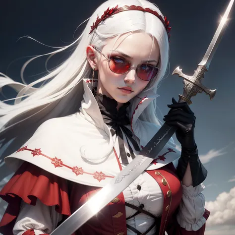 Beautiful girl with white hair and red eyes，Dressed in period costume，cold shades，Wear a sword