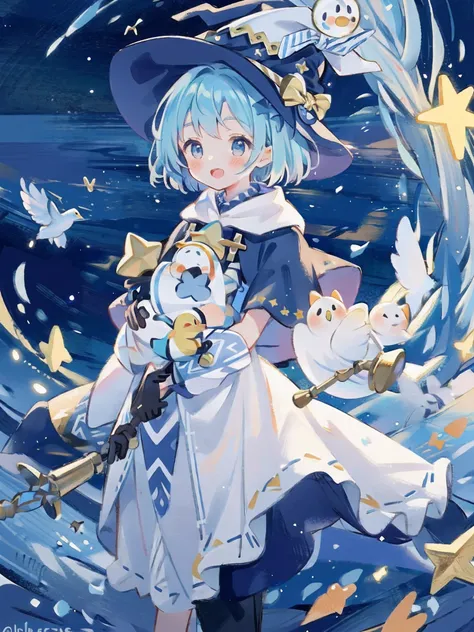 ((masterpiece:1.2, best quality)), 1girl, solo, (witch hat), a close up of a girl with short blue hair, short hair, dress, aurora, night, star (sky), gloves, sky, white dress, night sky, open mouth, starry sky, light blue eyes, ribbon, very shorthair, red ...