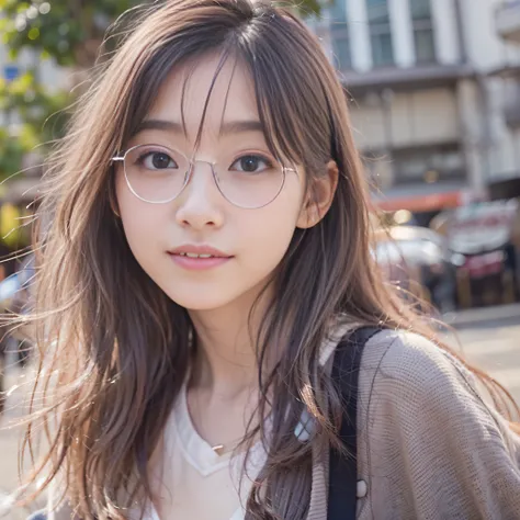 女の子1人、on tokyo street、A city scape、The upper part of the body、a closeup、A smile、Round frame glasses、Pink glasses frame、Round frame glasses、(8K、Raw photography、top-quality、​masterpiece:1.2)、(realisitic、photoRealstic:1.37)、Highly detailed eyelash drawing、(((...