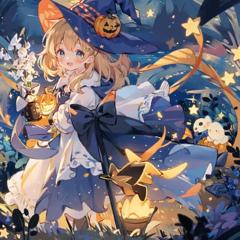 ((masterpiece:1.2, best quality)), 1girl, solo, (witch hat), a close up of a girl with curly hair, dress, aurora, night, star (sky), gloves, sky, dress, night sky, open mouth, starry sky, light blue eyes, ribbons, smile, cape, colorful hair, magic, casting...