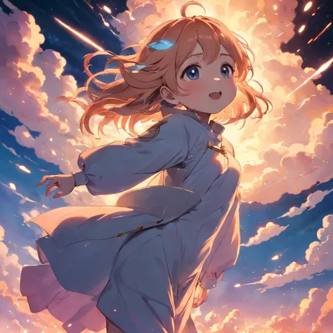 masterpiece, best quality, movie still, 1girl, cloud girl, floating in the sky, close-up, bright, happy, warm soft lighting, sunset, (sparks:0.7)