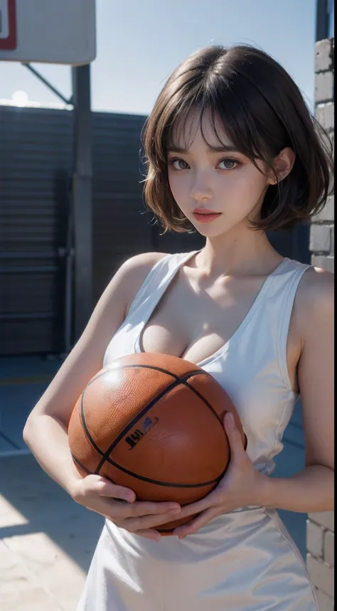 （RAW photos，4K，tmasterpiece，A high resolution，extremly intricate）（realisticlying：1.4），Cinematic lighting Delicate girl with facial features
1 Girl， Single focus， Full body like，Summer noon， Playing the Basketball，Play basketball pose，thermography， 1990s（st...