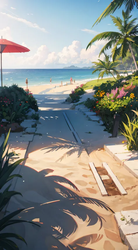 tmasterpiece，best qualtiy，Very detailed CG unity 8K wallpaper，Most Best Illustration，Best shadow，naturey，Blue sea sand，and the sun was shining brightly，The line of sight runs parallel to the beach：1.15，Many umbrellas，NOhumans