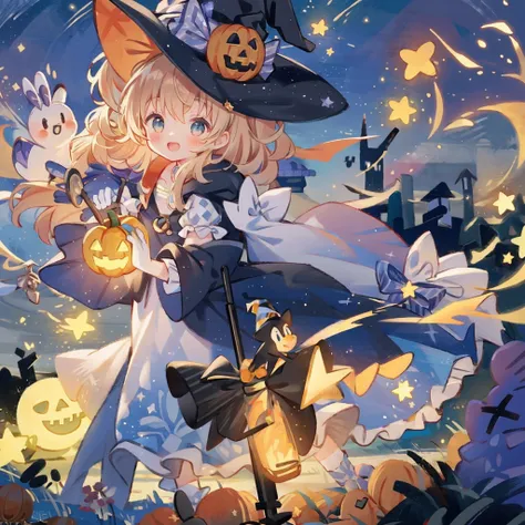 ((masterpiece:1.2, best quality)), 1girl, solo, (witch hat), a close up of a girl with curly hair, dress, aurora, night, star (sky), gloves, sky, dress, night sky, open mouth, starry sky, light blue eyes, ribbons, smile, cape, colorful hair, magic, casting...