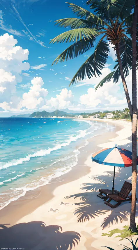 tmasterpiece，best qualtiy，Very detailed CG unity 8K wallpaper，Most Best Illustration，Best shadow，naturey，Blue sea sand，and the sun was shining brightly，The line of sight runs parallel to the beach：1.15，Many umbrellas，NOhumans