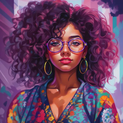 A closeup of a woman with glasses and a colorful dress, retrato de alta qualidade, in illustration style digital, Epic portrait illustration, stunning digital illustration, Beautiful digital illustration, retrato bonito detalhado, estilo de arte impression...