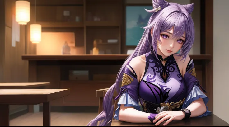 adult woman, (keqing genshin impact), focused upper body, realistic, (light urple hair), purple pupils, sitting pose, leaning on table,