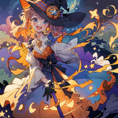 ((masterpiece:1.2, best quality)), 1girl, solo, (witch hat), a close up of a girl with curly hair, dress, aurora, night, star (sky), gloves, sky, dress, night sky, open mouth, starry sky, light blue eyes, ribbons, smile, cape, colorful hair, magic, casting...