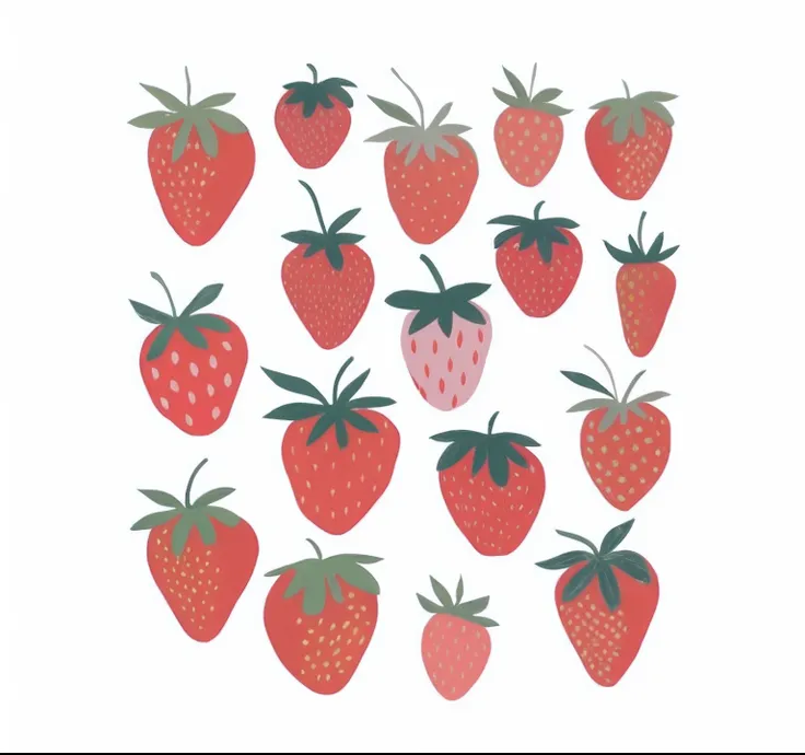 There are a lot of strawberries on green leaves on a white background, morango, strawberry embellishment, strawberry fields forever, Strawberry, author：Christabel Dennison, author：Fiona Stephenson, fight with strawberries, Emma Bridgewater and Paper Chase,...