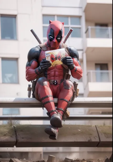 Deadpool comic book character sitting on a bomb