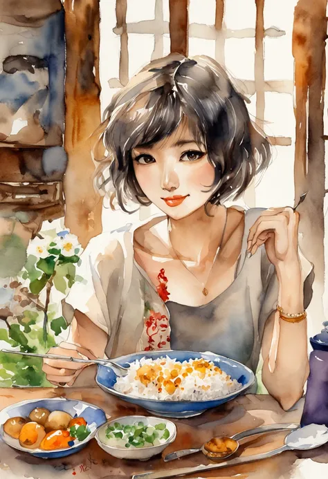 Young woman with short hair Japan、Eating rice with a spoon、slender、tshirts、